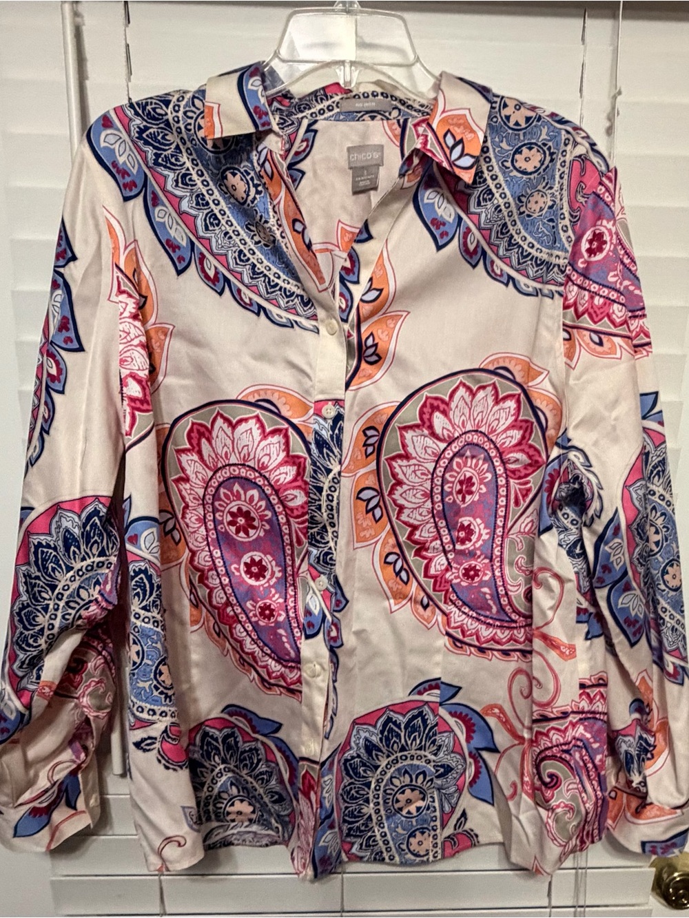 Chico's White Paisley Button-Down Shirt with Pink and Blue Accents